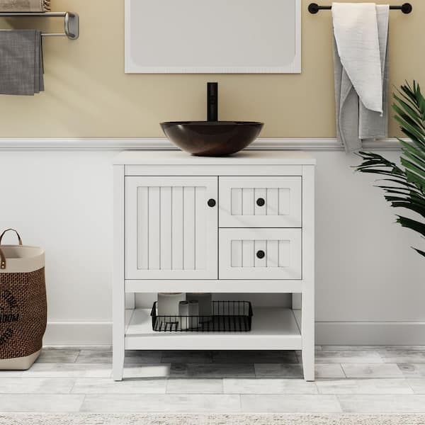 30 in. W x 20 in. D x 32 in. H Single Sink Freestanding White Bath Vanity with Brown Round Glass Vessel Sink Top