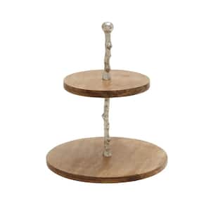 Brown Mango Wood 2 Decorative Tiered Server with Aluminum Accents