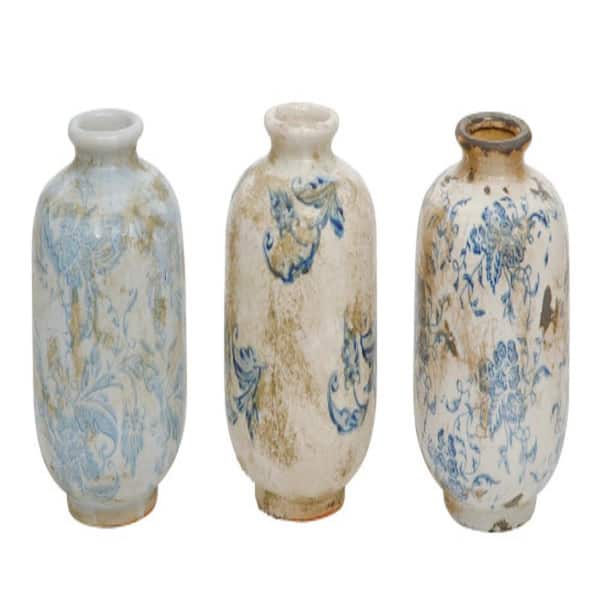 Storied Home Decorative Terracotta Vases 4 in. in Blue and White (Set of 3) DA4527SET The