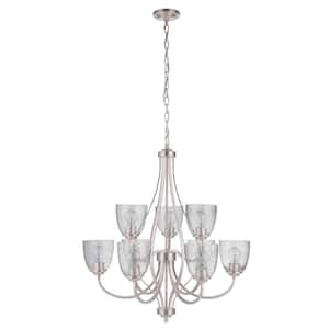 Serene 9-Light Brushed Nickel Finish, Seeded Glass Transitional Chandelier for Kitchen Dining Foyer, No Bulbs Included
