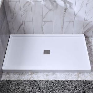 Krasik 48 in. L x 36 in. W Alcove Solid Surface Shower Pan Base with Center Drain in White with Brushed Nickel Cover