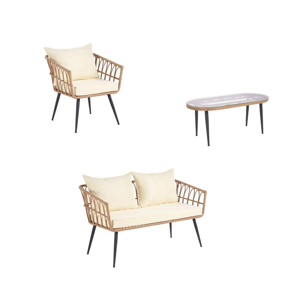 Modern 4-Piece Natural Yellow Wicker PE Rattan Sofa and Table Outdoor Bistr
