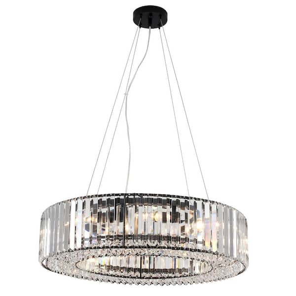 Modern 8-Light Black Crystal Chandelier Drum Pendant Hanging Light for Living Room