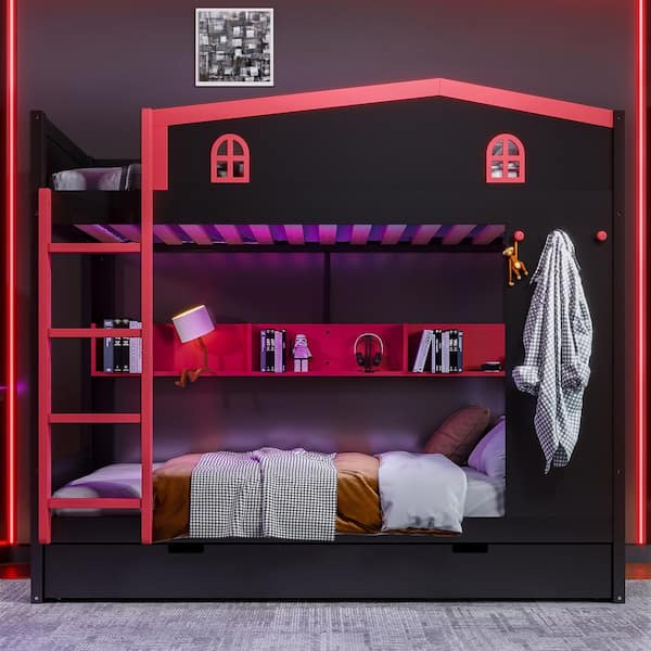 Mateusz Black Queen Over Queen Wood Bunk Bed with Trundle and Storage Shelves