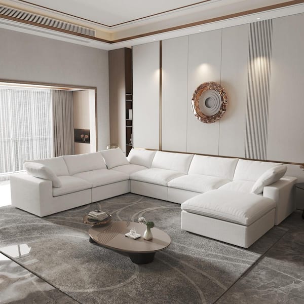 7-piece White Feather Sectional Sofa 157.3 in. Linen Polyester Modular Free Combination Living Room Set with Storage