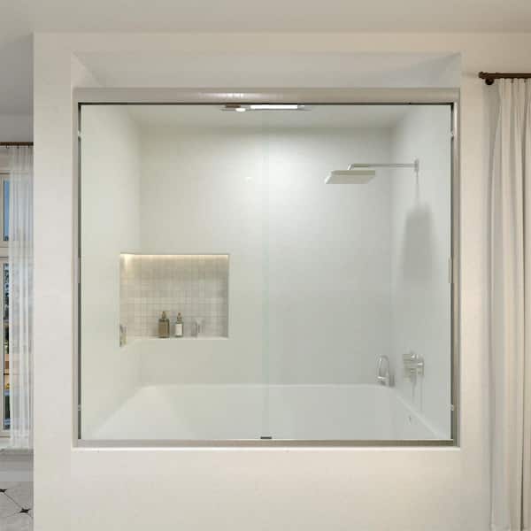 Hermitage Bath Nebula 60 in. W x 56 in. H Sliding Bath Tub Door in Semi Frameless in Brushed Nickel with Clear Glass