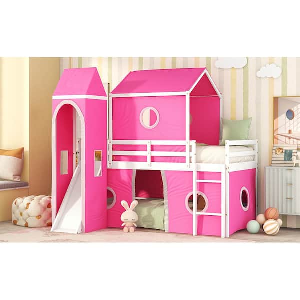 Polibi Pink Twin Size Bunk Bed with Slide Pink Tent and Tower RS