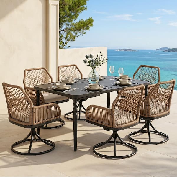 Black 7-Piece Twisted Rattan and Metal Rectangular Outdoor Dining Set with Beige Cushions, Swivel Chairs