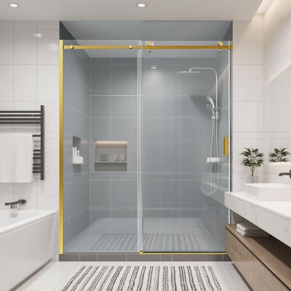 56 in. - 60 in. 74 in. H Frameless Single Sliding Shower Door, 8mm Tempered Glass, Gold