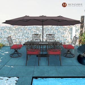 7-Piece Cast Aluminum Outdoor Dining Set with Rectangle Table Swivel and Dining Chairs with Red Cushions