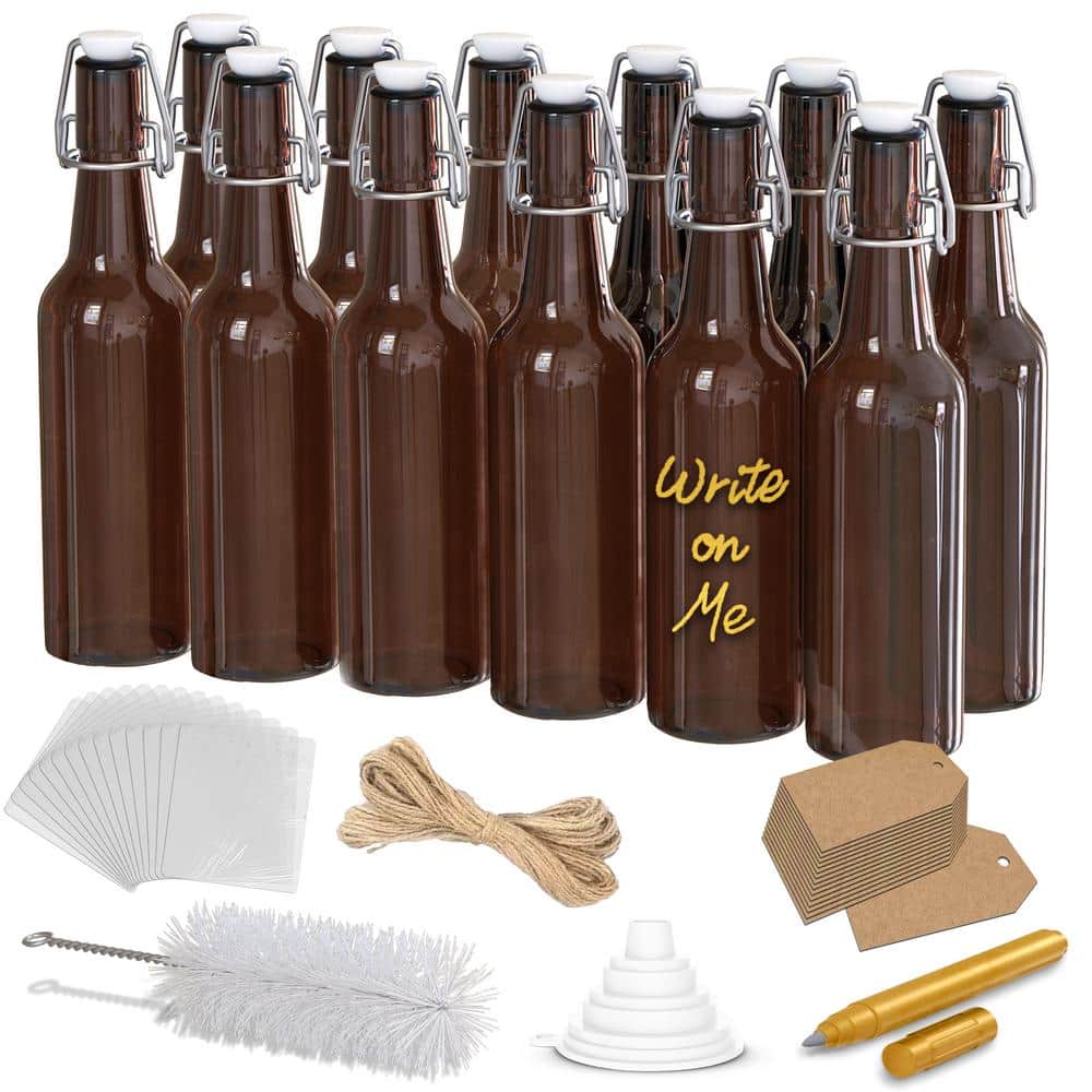 12-Pack 16 oz. Brown Glass Beer Bottles with Swing Top Stoppers, Bottle Brush, Funnel, and Gold Glass Marker price history on PriceWatchPro