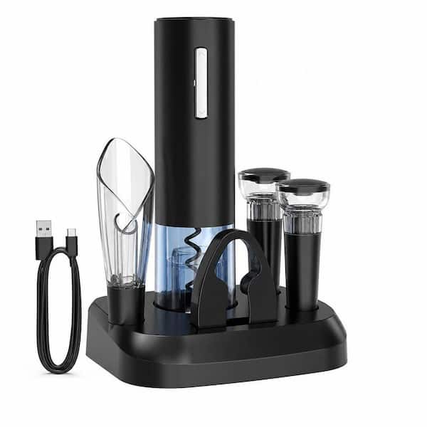 2-in-1 Black Electric Wine Opener with Charging Base, 2 Vacuum Preservation Stoppers and Display Charging Station