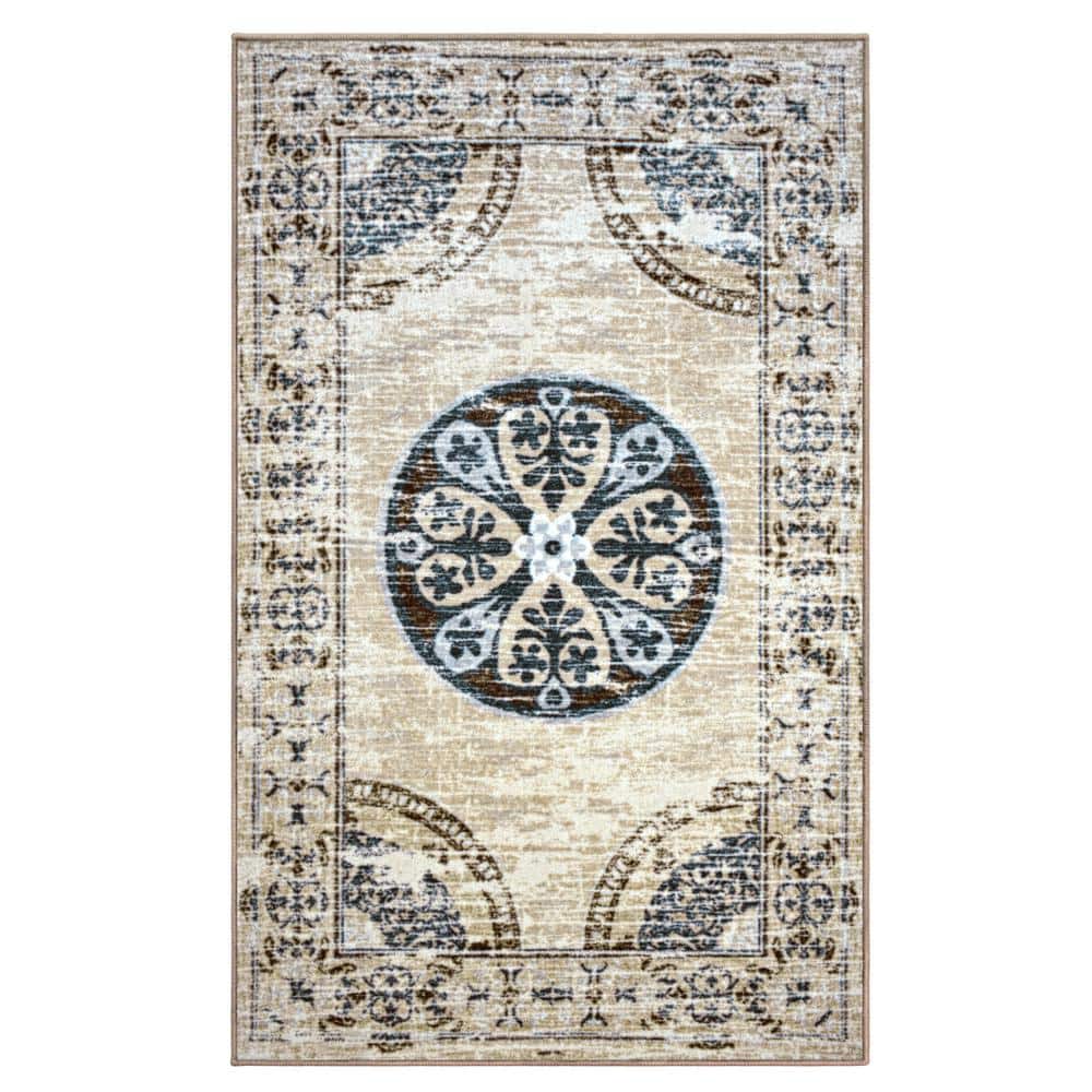 Gray Medallion 4' x 6' Washable Synthetic Area Rug