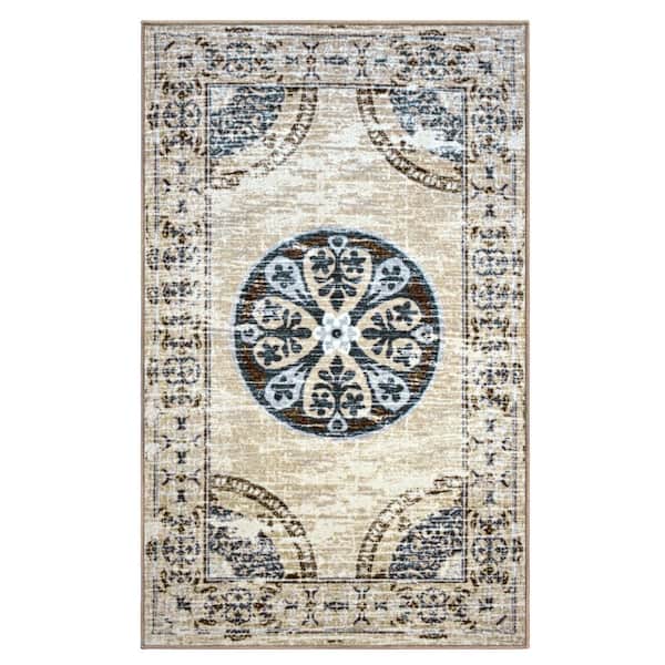 SUPERIOR Shiloh Grey/Cream 5 ft. x 8 ft. Non-Slip Traditional Floral Area Rug