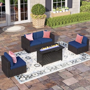 Dark Brown Rattan Wicker 4 Seat 5-Piece Steel Outdoor Fire Pit Patio Set with Blue Cushions, Rectangular Fire Pit Table