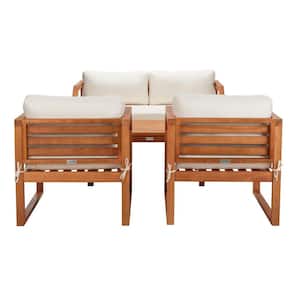 Dren Natural Brown 4-Piece Wood Patio Conversation Set with White Cushions