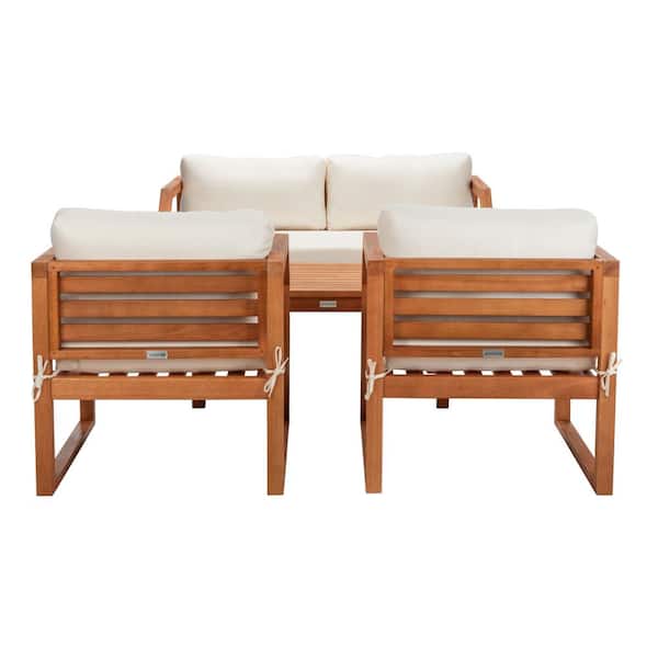 SAFAVIEH Dren Natural Brown 4-Piece Wood Patio Conversation Set with White Cushions