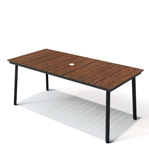 70.7 in. Rectangle Outdoor Dining Table with Umbrella Hole and Wood-Like Tabletop in Walnut