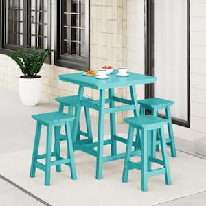 Laguna 5-Piece Fade Resistant HDPE Plastic Outdoor Patio Square Counter Height Bistro Set, Matching Barstools Turquoise