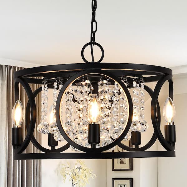 PAKOKULA 23.6 in. 6-Light Matte Black Drum with Clear Crystal Beaded Decorative Chandelier