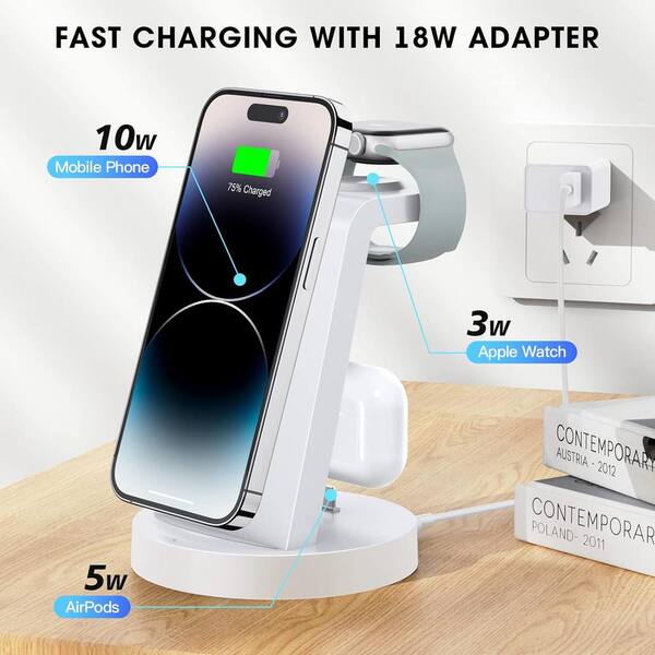 3 in 1 Charging Station for iPhone, Smart Watch, AirPods with Wireless Charger in White