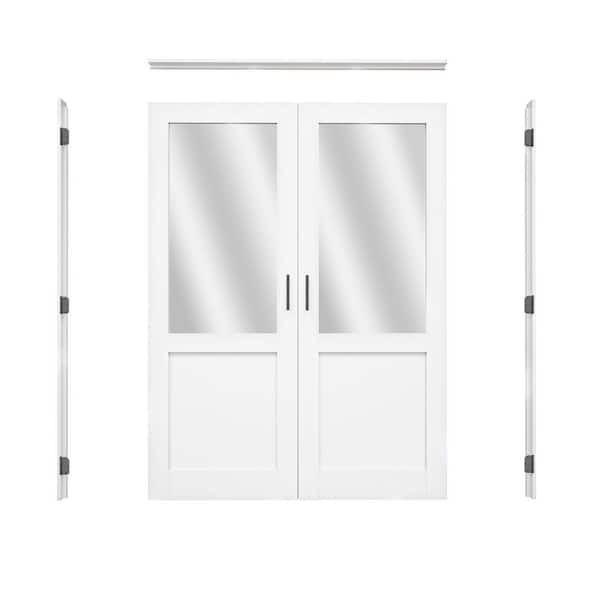 64 in. x 80 in. 1/2-Lite Mirrored Glass Universal White Solid Core Glass French Bi-fold Door +Separate Jamb & Ball Catch