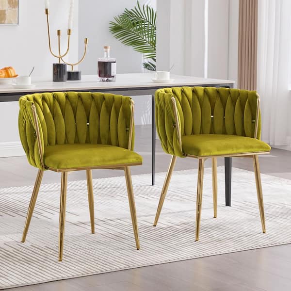 Modern Olive Green Velvet Leisure Dining Chair with Metal Legs (Set of 2)