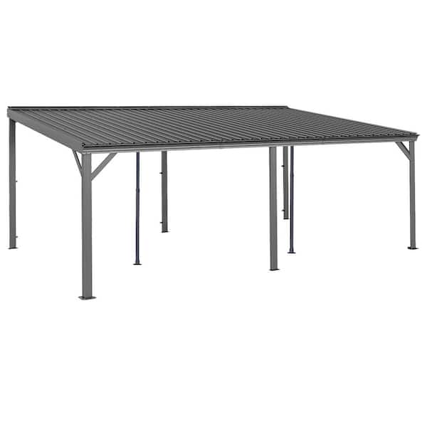 12 ft. x 20 ft. Gray Hardtop Wall Mounted Gazebo with Sloping Galvanized Steel Roof, Drainage System