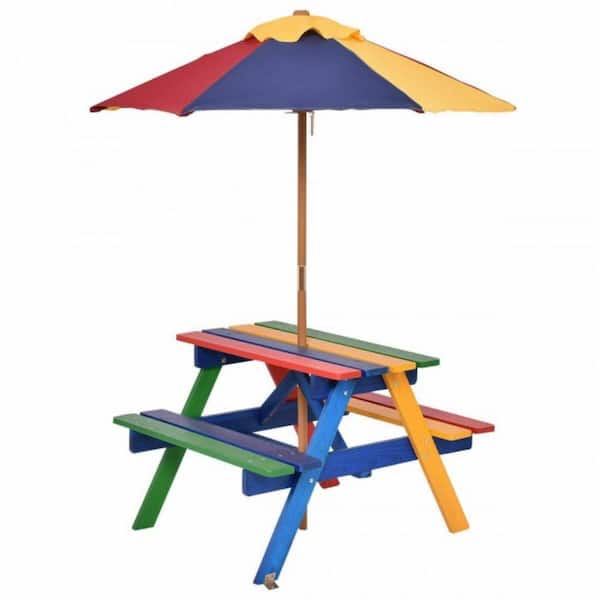 ANGELES HOME Rectangle Wood Outdoor Picnic Table with Umbrella