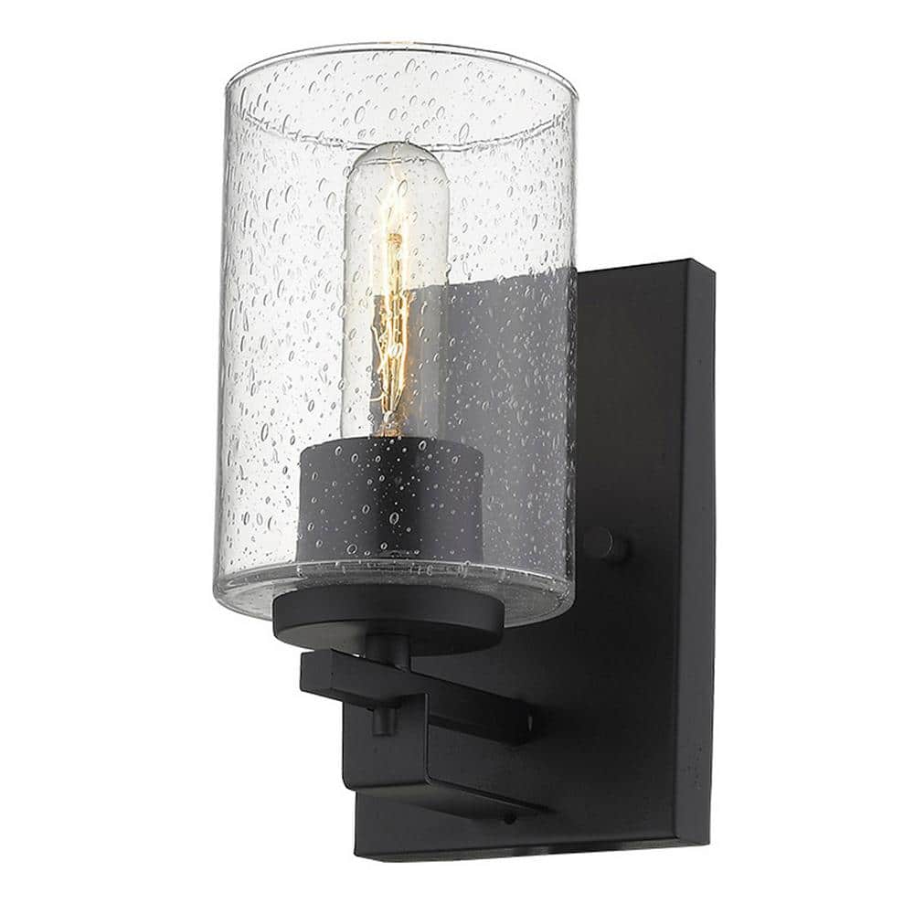 Orella Matte Black Steel Cylinder Sconce with Seedy Glass
