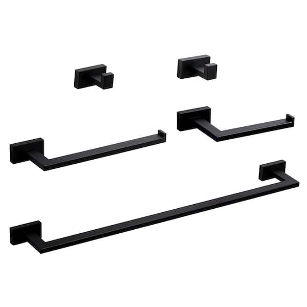 AVITAS 5-Piece Bath Hardware Set with 24in. Towel Bar, Paper Holder, Towel Hook, Mounting Hardware Included in Matte Black