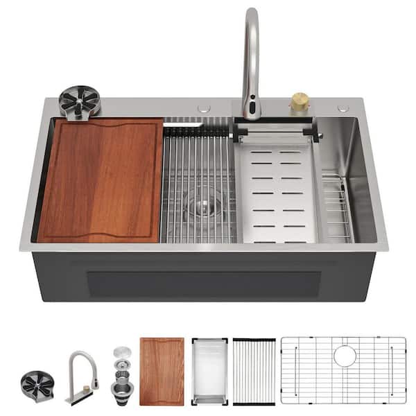 36 in. Drop-In Waterfall Kitchen Sink with Faucet Combo Single Bowl 16 Gauge Stainless Steel with Cup Washed