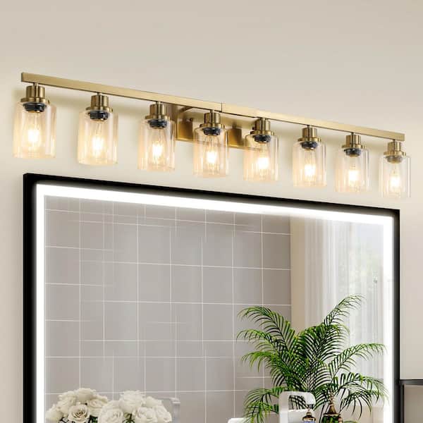 51 in. 8-Light Golden Vanity Lights, Wall Sconces with Clear Glass Shades, Modern Bathroom Fixture, Bulbs Not Included