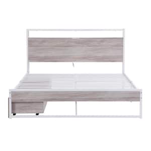 62 in. W White Metal Frame Queen Size Platform Bed with 2 Drawers, Sockets, USB Ports
