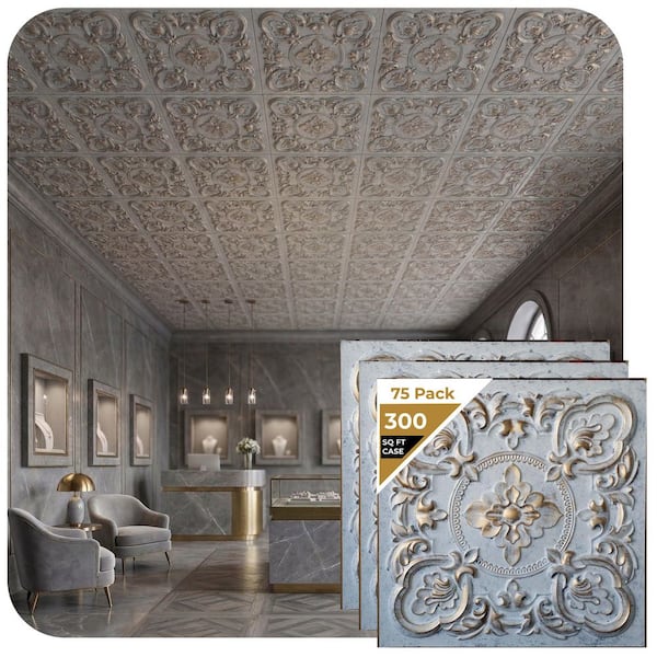 Gaby Aged White Gold 2 ft. x 2 ft. PVC Glue Up or Lay in Faux Tin Ceiling Tile (300 sq. ft./Case)