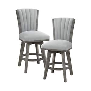 Laetitia 25 In. Wire Brushed Gray Finish High Back Wood Swivel Counter Height Stool with Gray Velvet Seat (Set of 2)