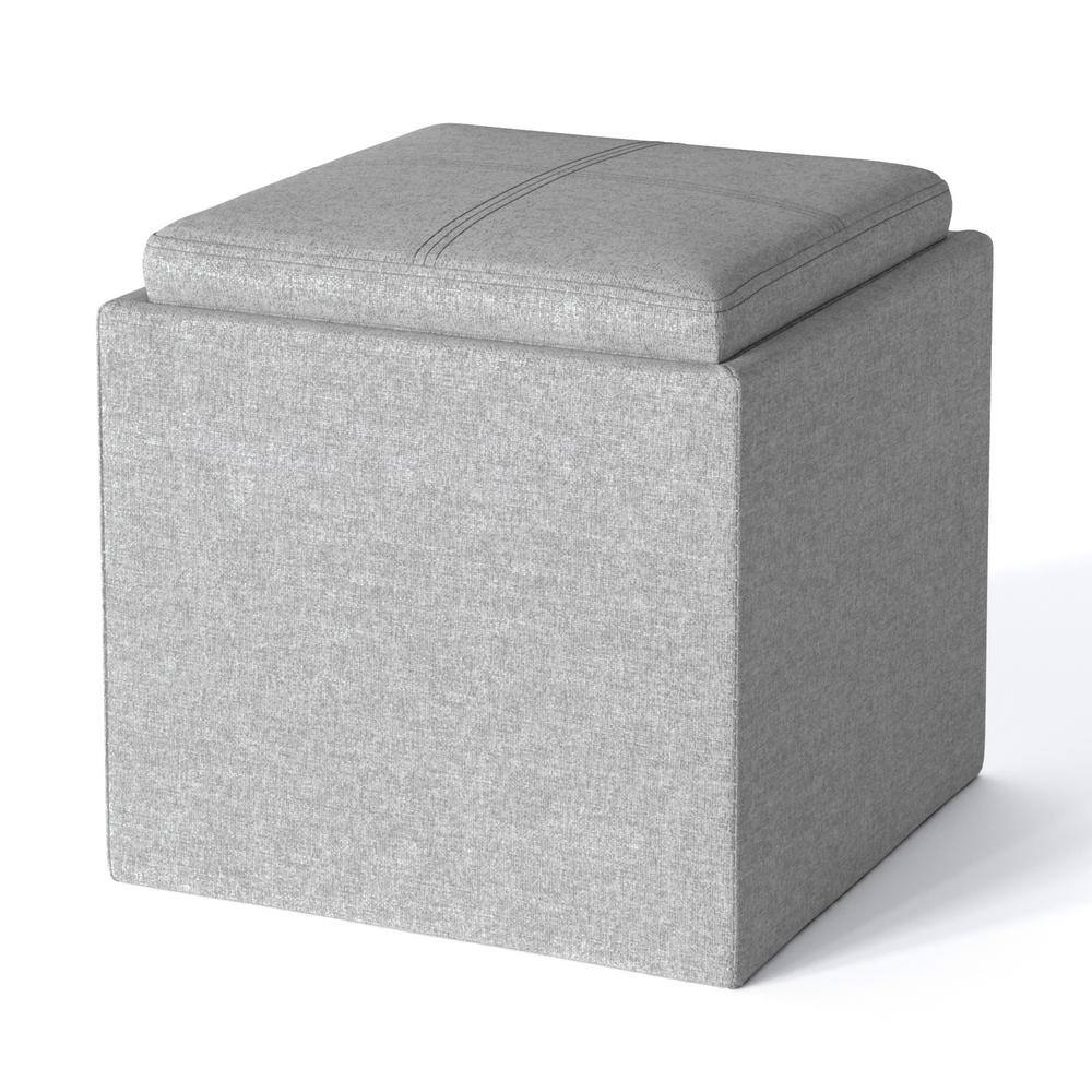 Cloud Gray Linen Storage Ottoman with Tray