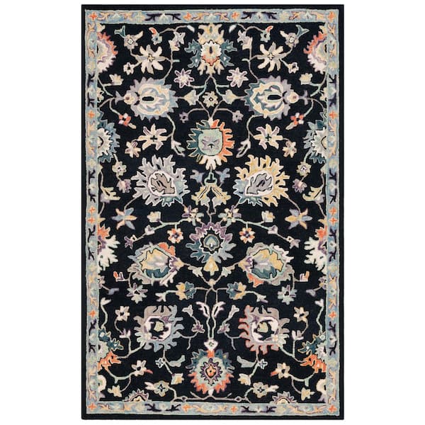 Blossom 3 ft. x 5 ft. Black/Blue Border Floral Area Rug