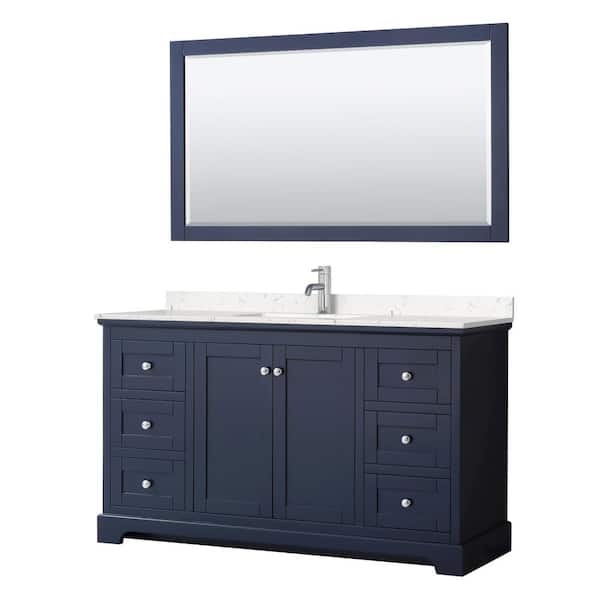 Wyndham Collection Avery 60 in. W x 22 in. D x 35 in. H Single Bath Vanity in Dark Blue with Carrara Cultured Marble Top and 58 in. Mirror