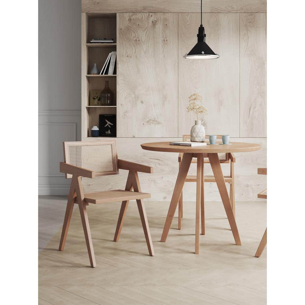High-Back Natural Cane and Rattan Arm Chair with Ash Wood Base