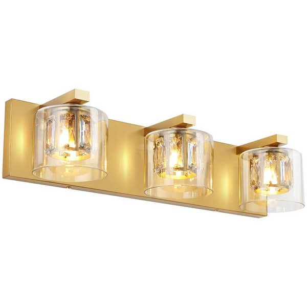 Unbranded Delvon 21 in. 3-Light Gold Vanity Light with Double Layer Clear Glass and Crystal Shades for Hallways/Bedroom/Bathroom