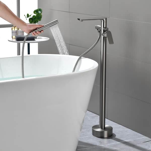 UKISHIRO Kafir Singe-Handle Floor Mount Freestanding Bathtub Faucet Filer with Hand Shower in Brushed Nickel