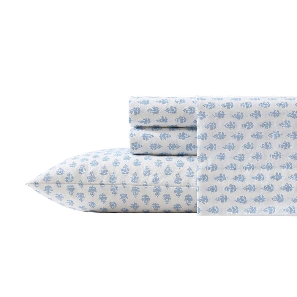 Laura Ashley Francesca Blue 4-Piece Percale Cotton Full Sheet Set