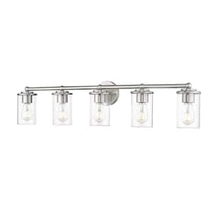 Thayer 39 in. 5-Light Brushed Nickel Vanity Light with Clear Glass Shade with No Bulbs Included