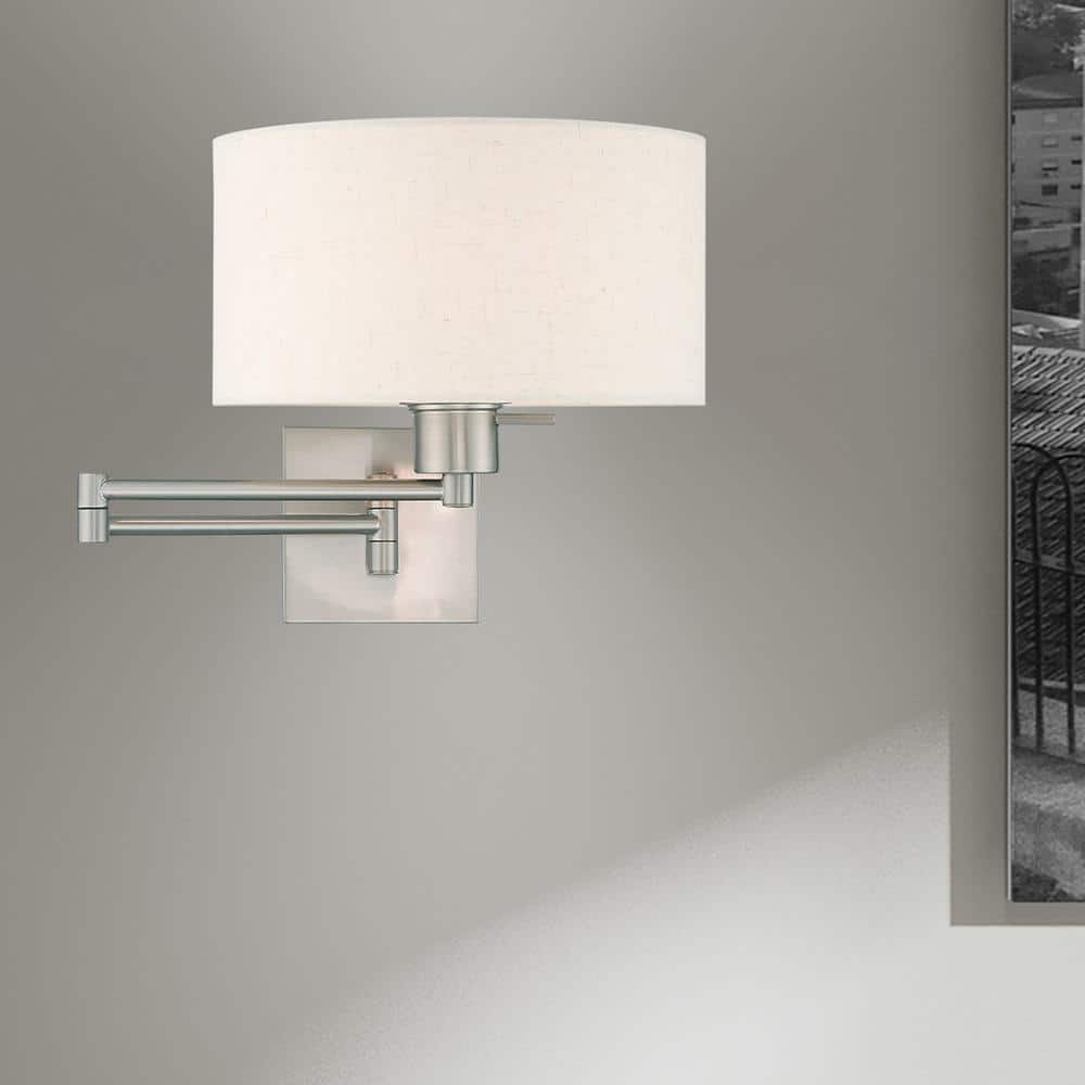 Elegant Brushed Nickel Swing Arm Wall Lamp with Oatmeal Fabric Shade