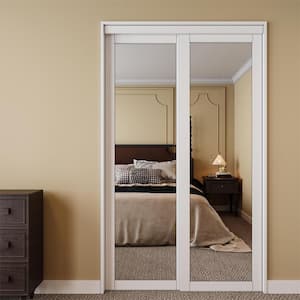 96 in. x 80 in. Solid Core 1-Lite Mirror White Primed MDF Interior Closet Sliding Door with Hardware