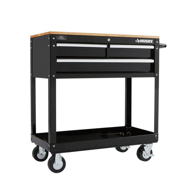 Black for sale online Husky HOUC3603B1QWK 36 inch 3-Drawer Rolling Tool Cart with Wood Top 