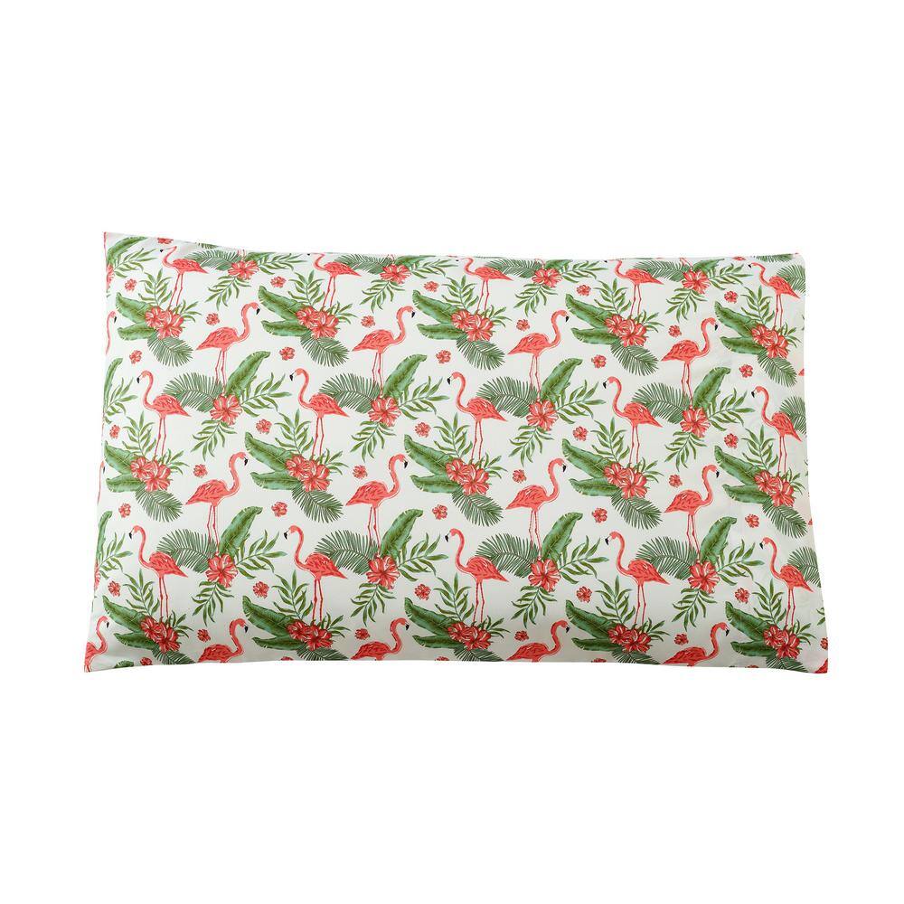 Twin Flamingo Print Microfiber Embroidered Sheet Set