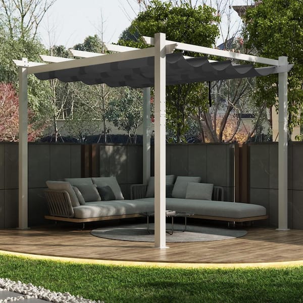 PURPLE LEAF 10 ft. x 10 ft. White Aluminum Frame Outdoor Patio Pergola Gazebo with Gray Retractable Sun Shade Canopy for Garden