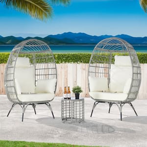 3-Piece Wicker Round Side Table Outdoor Bistro Set Wicker Egg Chair with Beige Cushion
